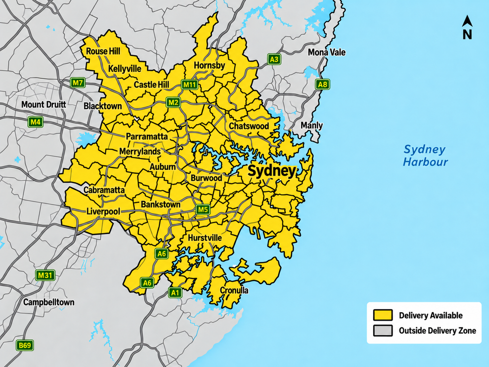 Sydney delivery region map. Yellow areas are indicative only; check your postcode for exact coverage.