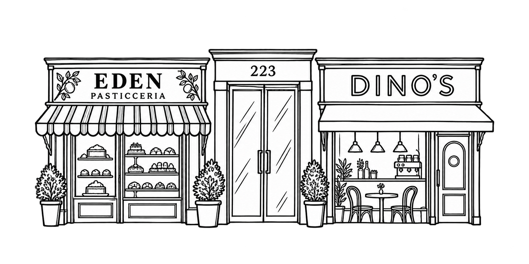 Hand-drawn Eden Pasticceria and Dino’s Café storefronts, with the arcade entrance between them.